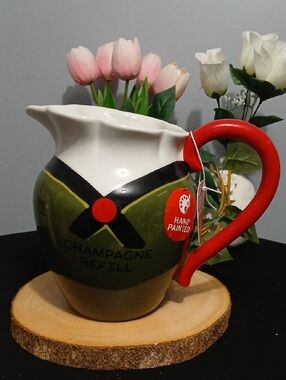 Hand-Painted 'Champagne Refill' Ceramic Pitcher - Olive Green & Red NWT